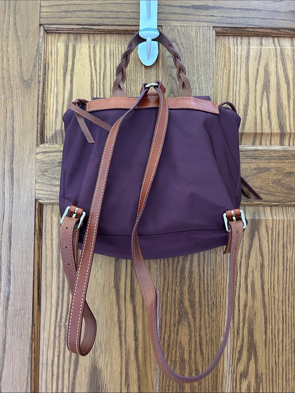 NWOT Women's Plum Nylon Backpack with Brown Leather Trim image 3